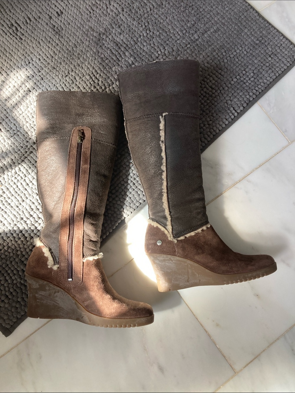 UGG Women's Brown Tall Wedge Shearling-Trim Boots